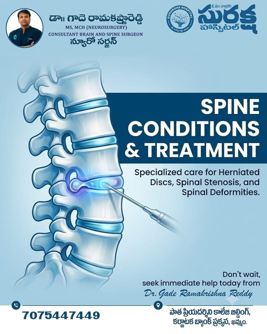 Patient education poster illustrating spine conditions and treatment options